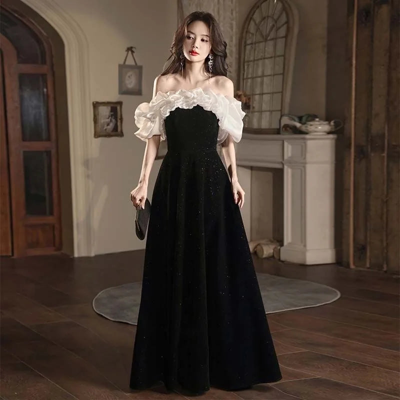 Black Evening Dress for Women 2025 New Banquet Performance Dress Engagement High-End Velvet Sparkling