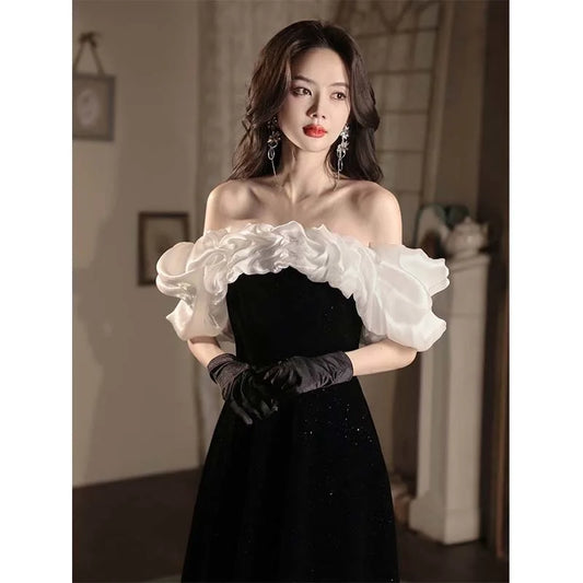 Black Evening Dress for Women 2025 New Banquet Performance Dress Engagement High-End Velvet Sparkling